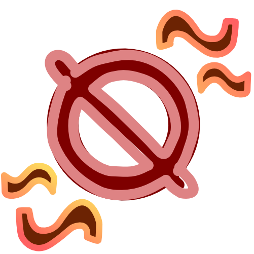 A red forbidden sign with 2 pairs of squiggles next to it. The first pair sit on the bottom left side, the second the top right. The squiggles have a pink to yellow gradient outline, and brown interior. The image has light line art